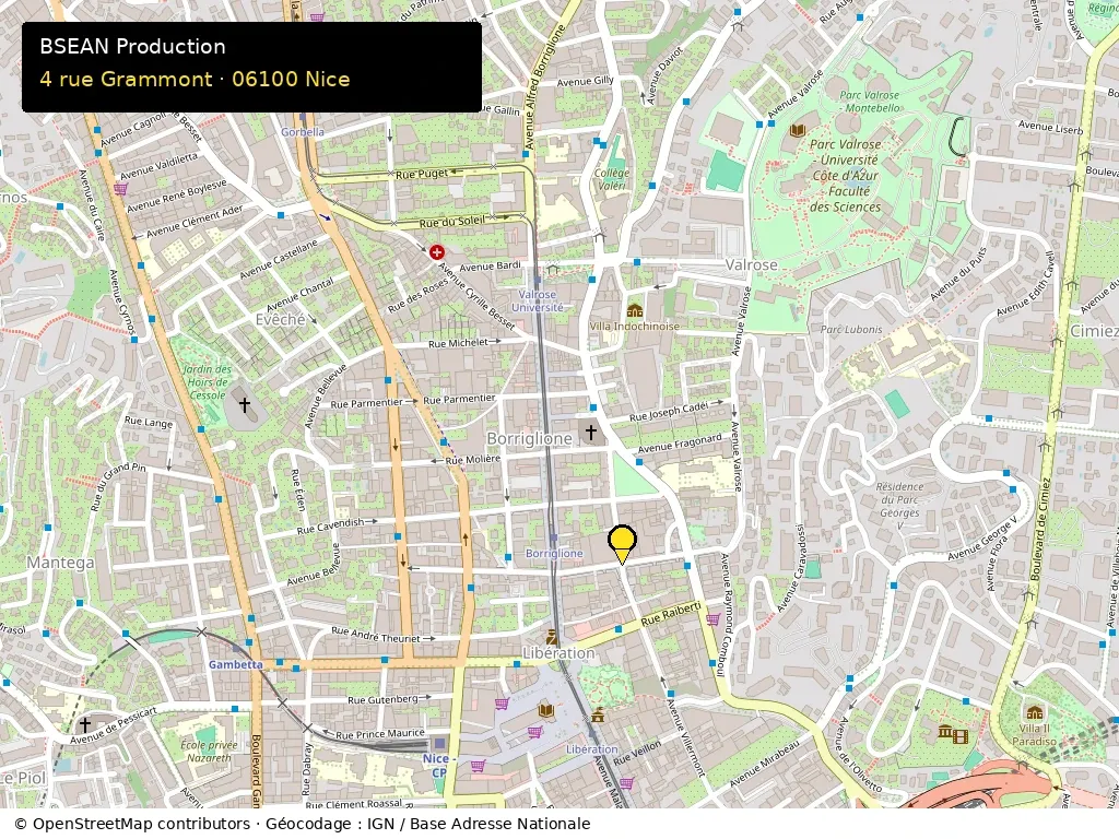 Plan statique situant BSEAN Production au 4 rue Grammont, 06100 Nice