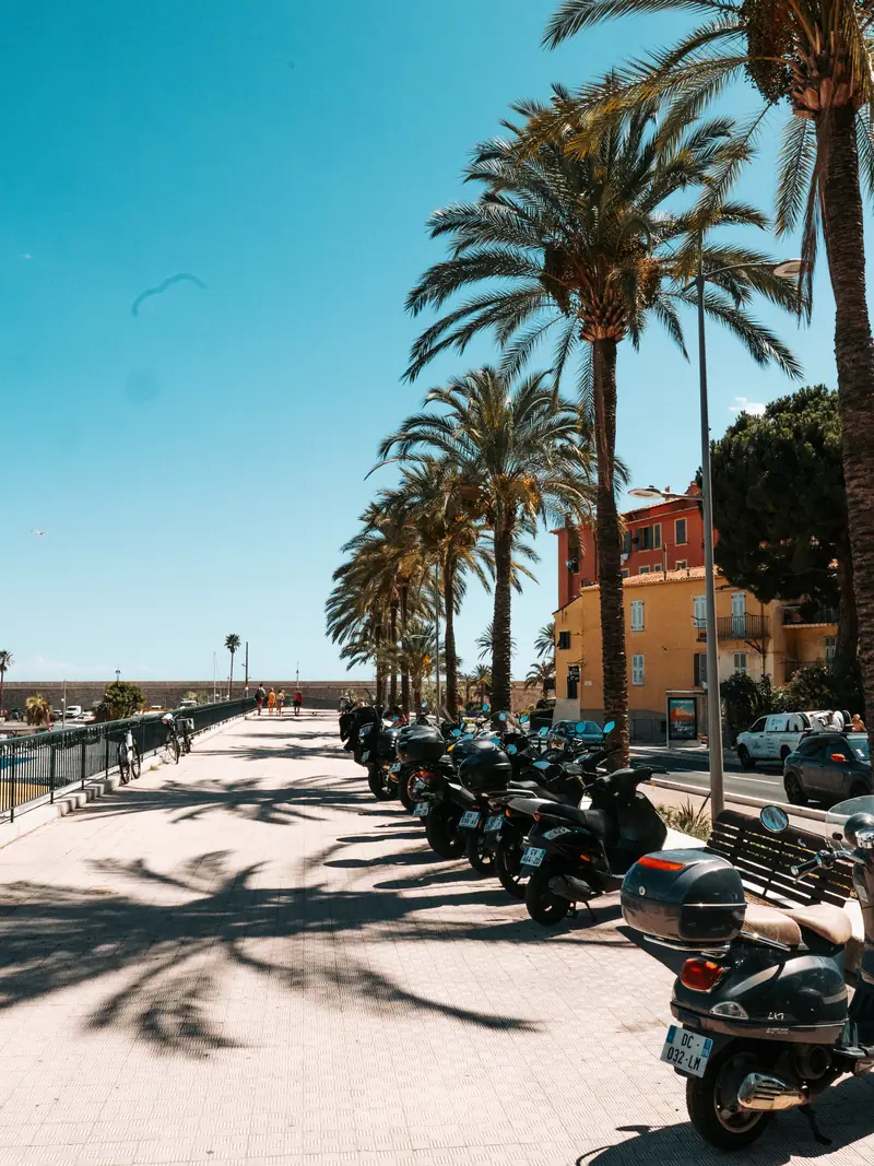 Promenade bordée de palmiers et de scooters garés à Menton